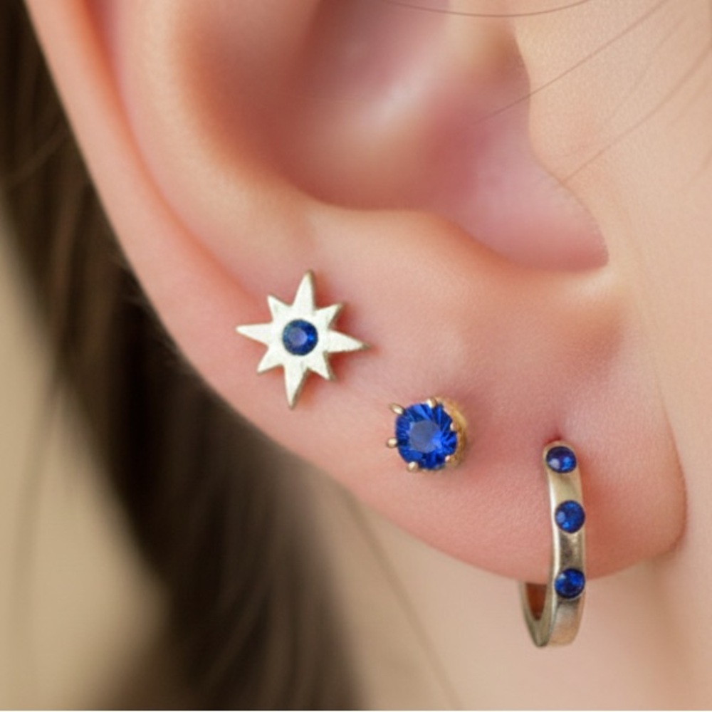 Anthropology Gold Saphire Earrings Set of 3 Pairs